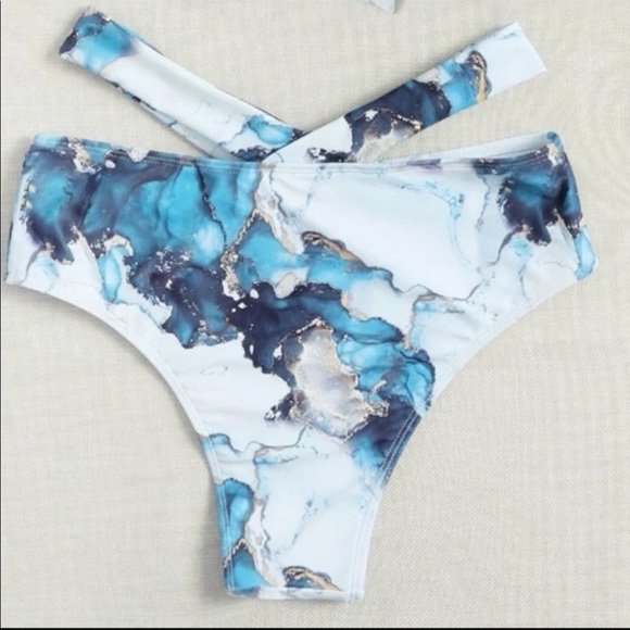 Boho Blue Pink White Tie Dye Marble Print High Waisted Twisted Halter Bikini Set - Picture 14 of 16